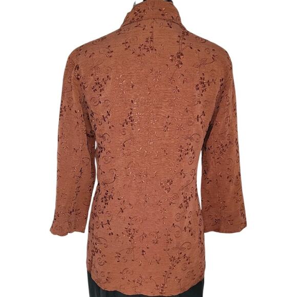 Chico’s Burnt Orange Embroidered Shacket 3/4 Sleeve Sz 1 M EUC - Picture 4 of 7
